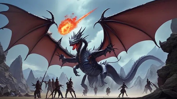 masterpiece, best quality, greg rutkowski, winged dragon, weapon, sword, breathing fire from mouth, fantasy, armor, holding weapon, holding sword, battle, scenery, mountain, outdoors, multiple people , very detailed, high resolution, sharp, sharp image, 4k, 8k,all races in same proportions, all faces and pictures must be different, use all spectre of your different emotions from happiness to anger, do what you want and how you want,