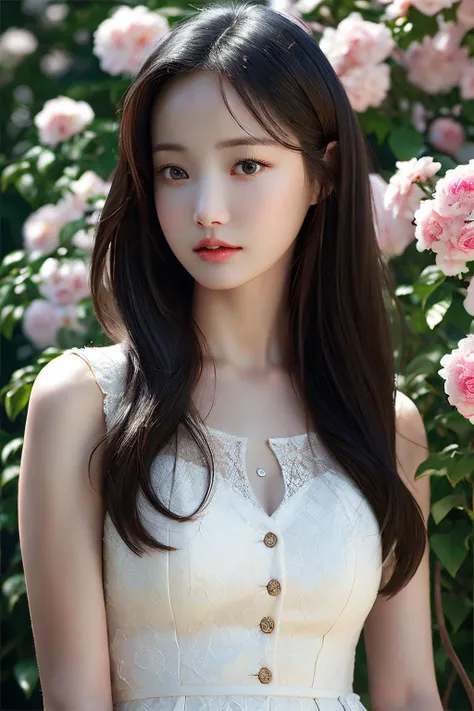 Best quality, masterpiece, ultra high res, (photorealistic:1.4), raw photo, 1girl, long hair, outdoor, cowboy shot, looking at viewer,flowers on hair, flower garden, overcast, white willowy dress
