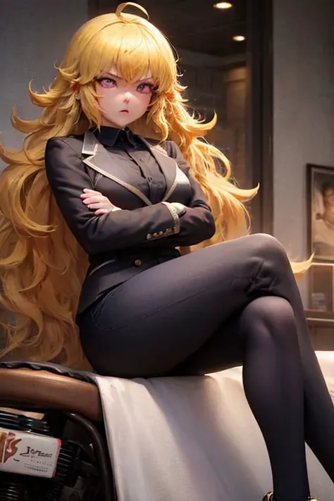 volumetric lighting, best quality, masterpiece, intricate details, tonemapping, sharp focus, hyper detailed, absurdres, highres, <lora:yangXiaoLongSeason1_v10:1>,bored, yang xiao long, ahoge, purple eyes, large breasts, black business suit, crossed arms, leaning against motorcycle, cobblestone,