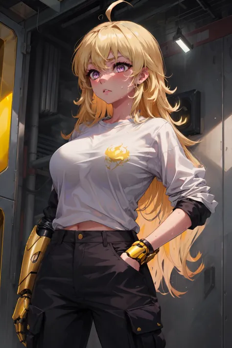 masterpiece,best quality,1girl,yang xiao long,ahoge,blonde hair,purple eyes,(large breasts),cargo_pants,white shirt,(golden mechanical right arm:1.2),normal left arm,left hand in pocket,left glove,single glove,tired,sweat,standing,cowboy shot,<lora:rwby_xiaolong:0.9>,