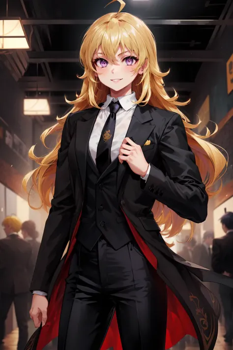 masterpiece,best quality,1girl,yang xiao long,ahoge,blonde hair,purple eyes,large breasts,(formal,tuxedo,black coat,black pants,yellow necktie),light smile,standing,luxury hall,cowboy shot,<lora:rwby_xiaolong:1>,