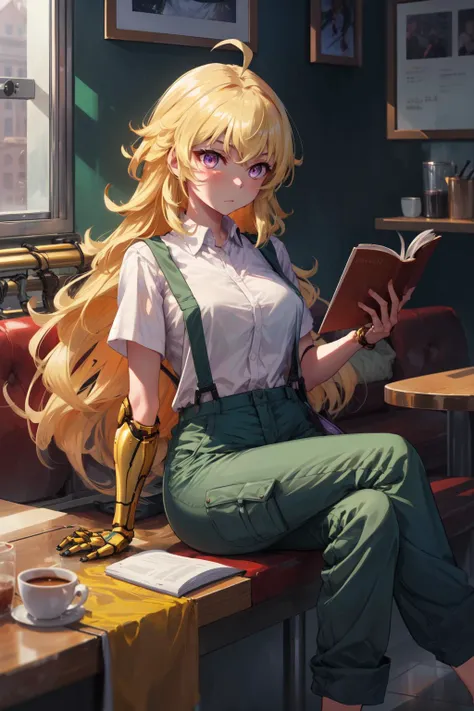 masterpiece,best quality,1girl,yang xiao long,ahoge,blonde hair,purple eyes,(large breasts),cargo_pants,trousers with suspenders,white shirt,(golden mechanical right arm:1.2),normal left arm,normal left hand,expressionless,sitting,reading,cafe,<lora:rwby_xiaolong:0.9>,
