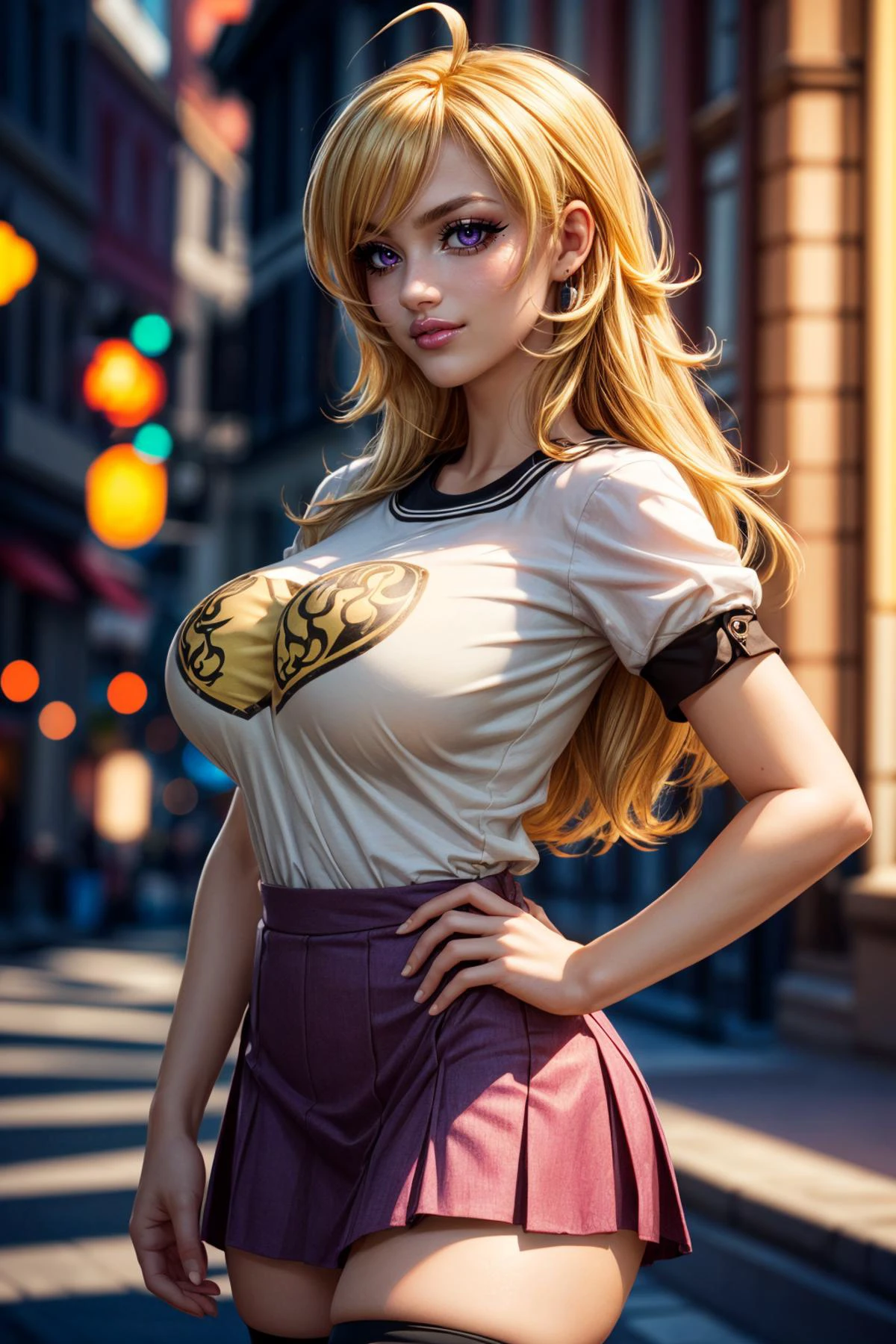 (ultra realistic,32k, masterpiece:1.2),(high detailed skin:1.1),( high quality:1.1),
<lora:rwby_xiaolong:0.8>(evil grin, v-shaped eyebrows:1.1),(eyeliner,long lashes, mascara:1.1),blonde hair, yang xiao long, (ahoge:1.2), purple eyes, shirt, short sleeves, ruffle skirt, thigh highs, (blurry background:1.2),,(looking at viewer, portrait:1.1),, huge breast,large breast,<lora:add_detail:0.93>,upper body,
(ambient lighting:1.1)