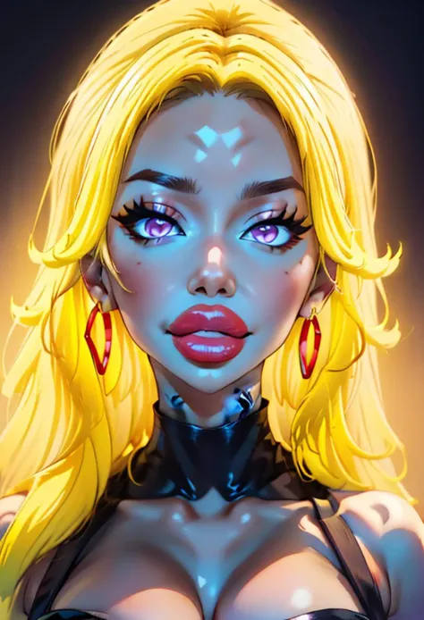 anime, simple, vibrant colors, (high res), HD, 4k, beautiful face, pretty face, cartoon, young, , <lora:anime_screencap_v2:.3> solo focus, solo, facing viewer, (club background:1.2, plain background:1.2, simple background:1.3), (looking at viewer), 1girl, BREAK, smile, expressive, (<lora:rwby_xiaolong:1> yang xiao long, long hair, yellow hair, multicolored hair, (ahoge), purple eyes, flame tattoo, earrings), <lora:fakelips_1:1> huge lips, lip filler, fakelips, high quality, face in view, detailed face, mature, painted nails, (red lipstick), mascara,(glowing-neon-purple-eyes, glowing-neon-red-lipstick, ) <lora:big_hair-1.0:1> big hair, wide grin, bimbo, bimbo lips, red lips, <lora:lukethighwalkerneonv8sd15:.8> <lora:bodycon-cutout-v1-wasabiya:1> bodycon, purple and yellow dress, bare shoulders, o-ring, navel cutout, bimbolips, massive lips, thick lips, puffy lips, <lora:BimbolipsV2:.6> bimbolips,