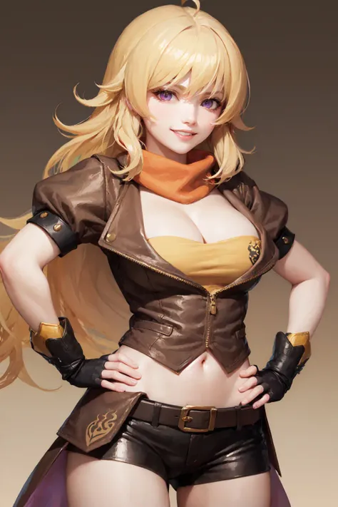 (masterpiece, best quality:1.2), <lora:rwby_xiaolong-10:1>, cowboy shot, solo, 1girl, yang xiao long, grin, hand on hip, ahoge, purple eyes, brown jacket, yellow tube top, black shorts, black fingerless gloves, orange scarf, waist cape, midriff, cleavage, large breasts