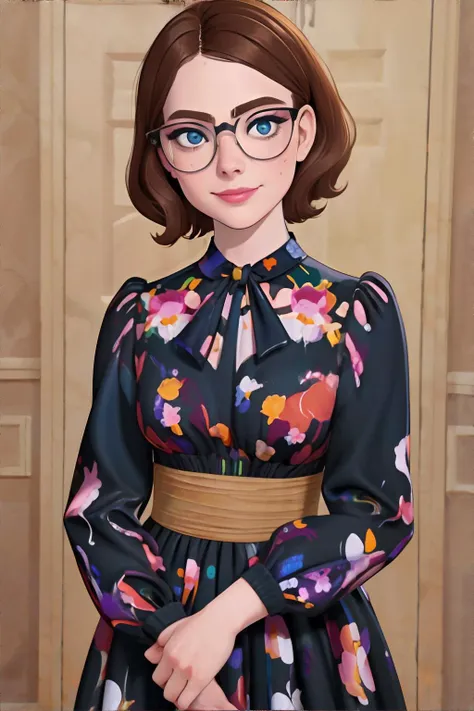 <lora:floralsplitdress-freckledvixon:0.6>, Fl0ralspl1t, dress, floral print, <lora:bzl:0.8>, bzl_test, brown hair, (grey|blue) eyes, glasses, (freckles:0.3), closed smile, <clip:skip:2> || skin, hair, clothing, masterpiece, 8k, high resolution, shallow depth of field, sharp focus