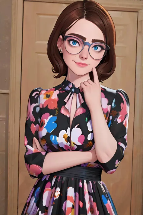 <lora:floralsplitdress-freckledvixon:0.6>, Fl0ralspl1t, dress, floral print, <lora:bzl:0.8>, bzl_test, brown hair, (grey|blue) eyes, glasses, (freckles:0.3), closed smile, <clip:skip:2> || skin, hair, clothing, masterpiece, 8k, high resolution, shallow depth of field, sharp focus
