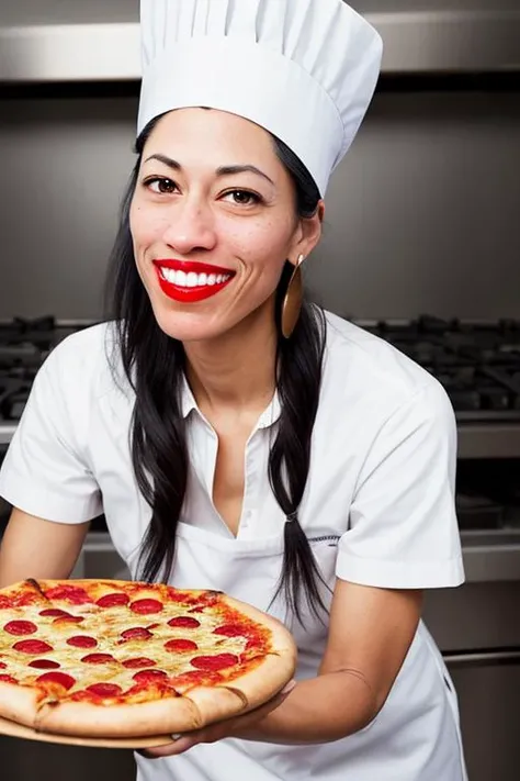 professional portrait photo of attractive beautiful female hum4 as a pizza chef, lipstick:0.3, skin texture, light bokeh, elle magazine