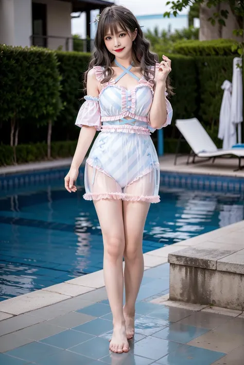 realistic, photorealistic, 8k, ultra detail, HDR, masterpiece, best quality, cute_swimsuit, 1girl, solo, slim, smile, cute, looking at viewer, long black hair, barefoot,full body, standing, dynamic pose, pool, outdoors, detailed background, <lora:Cute Asian Face:0.8> , <lora:cute_swimsuit_style1_v5:0.7>