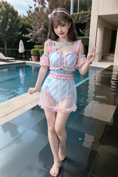 realistic, photorealistic, 8k, ultra detail, HDR, masterpiece, best quality, cute_swimsuit, 1girl, solo, slim, smile, cute, looking at viewer, long black hair, barefoot,full body, standing, dynamic pose, pool, outdoors, detailed background, <lora:Cute Asian Face:0.8> , <lora:cute_swimsuit_style1_v5:0.7>
