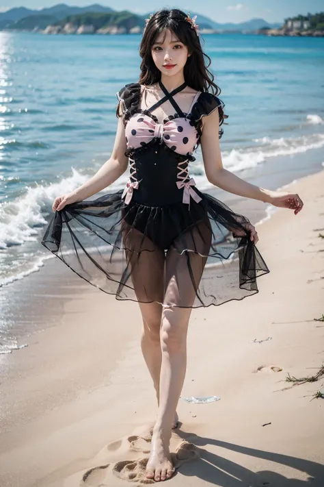 best quality, quality, masterpiece, photorealistic, 1girl, solo, full body, cute swimsuit, see-through, barefoot, detailed background, beach, <lora:cute_swimsuit_style2_v1:0.7>
