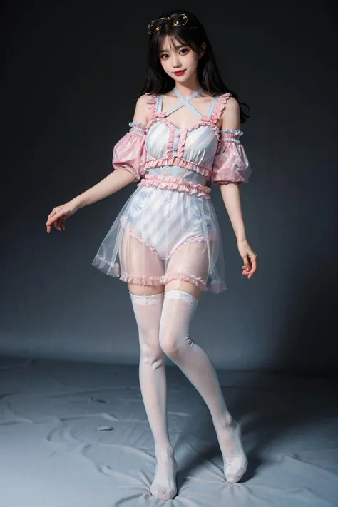 best quality, quality, masterpiece, photorealistic, standing, 1girl, solo, full body, cute swimsuit, see-through, white thighhighs, simple background, <lora:cute_swimsuit_style1_v2:0.7>