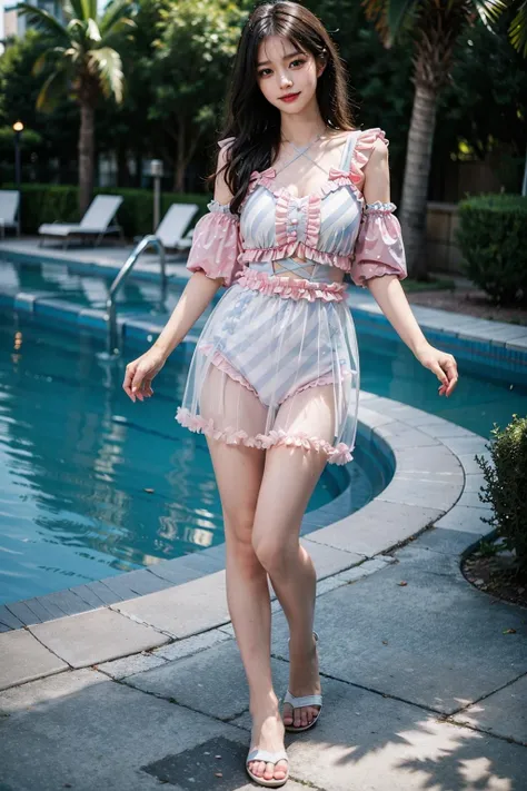 best quality, quality, masterpiece, photorealistic, 1girl, solo, full body, cute swimsuit, see-through, detailed background, pool, <lora:cute_swimsuit_style1_v2:0.7>