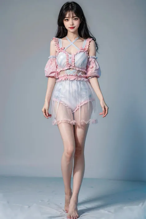 best quality, quality, masterpiece, photorealistic, standing, 1girl, solo, full body, cute swimsuit, see-through, simple background, <lora:cute_swimsuit_style1_v2:0.7>
