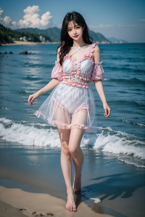 best quality, quality, masterpiece, photorealistic, 1girl, solo, full body, cute swimsuit, see-through, detailed background, beach, <lora:cute_swimsuit_style1_v2:0.7>