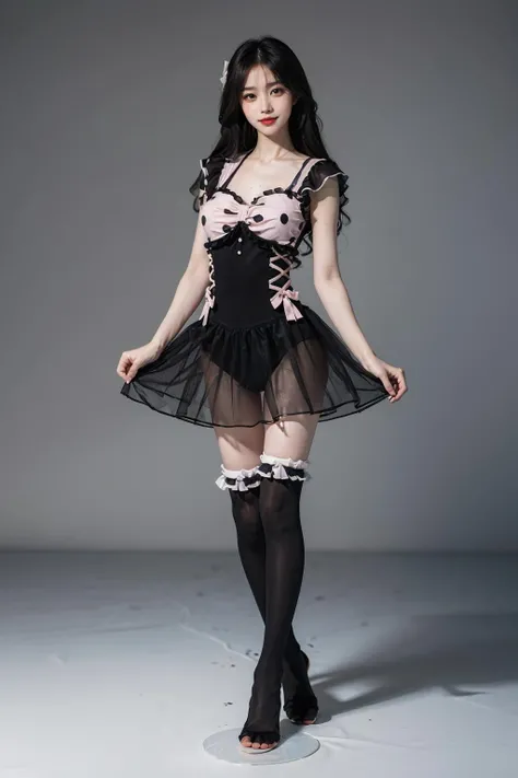 best quality, quality, masterpiece, photorealistic, standing, 1girl, solo, full body, cute swimsuit, see-through, thighhighs, simple background, <lora:cute_swimsuit_style2_v1:0.7>