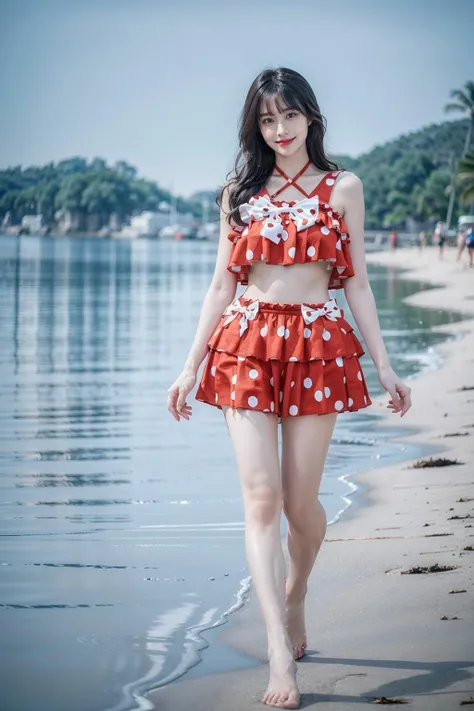 best quality, quality, masterpiece, photorealistic, 1girl, solo, standing, long black hair, blunt bangs, looking at viewer, smile, full body, cute swimsuit, polka dot bikini, frills, bow, halterneck, beach, sea, <lora:cute_swimsuit_style3_v1:0.65>