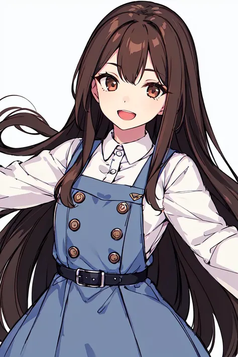 <lora:Rokuwata Tomoe:0.8>1girl, solo, long hair, brown hair, dress, long sleeves, shirt, white background, white shirt, simple background, pinafore dress, brown eyes, open mouth, belt, dated, black dress, looking at viewer, smile, buttons