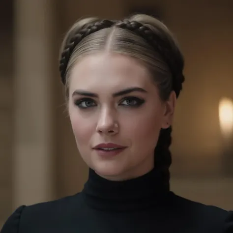 photo of (ohwx woman) as Wednesday Adamas, wearing gothic clothes, braided pigtails, in a castle, sharp focus, looking at the camera, makeup, cinematic look, <lora:Kate Upton:1>