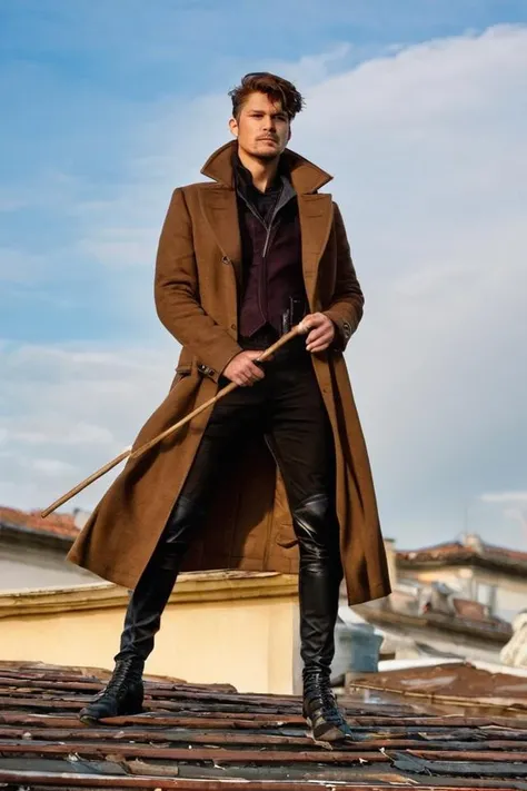 photo of a Gambit on the top roof of a building, <lora:GambitSDXL:0.9>, Gambit, Le Diablo Blanc, Remy Lebeau, coat, a tobacco, stubble, a long stick