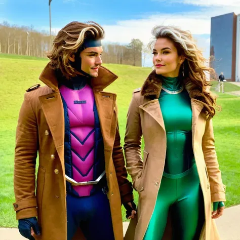 photo of a couple, 20 years old Rogue and 35 years old Gambit are dating in a city, AND photo of a couple, (<lora:RogueSDXL:0.8>, Rogue, Savage, Classic, Southern Belle, Superhero, Xtreme, jacket, sugar bag, toned body, medium breasts, airy wavy hair, exquisitely pretty face, clear wide eyes, long nose, archaic smile), AND photo of a couple, (<lora:GambitSDXL:0.8>, Gambit, Le Diablo Blanc, Remy Lebeau, coat, tobacco, stubble)