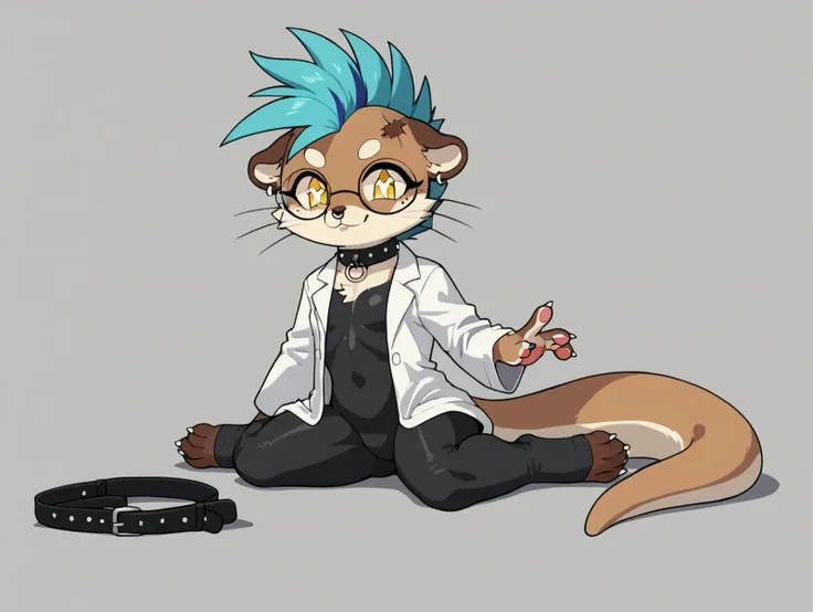 UVA, ((score_9, score_8_up, score_7_up, )), ((source_furry)), solo, ((furry female)), rating_suggestive, webbing, ((dark brown fur)), (furry female, otter), webbed feet, symbol-shaped pupils, W-shaped pupils, webbed hands, small chest, flat black wide beaver tail, yellow eyes, hybrid between an otter and beaver, very long gothic hair, punkish gothic, straps, multiple belts, crossed belts, whiskers, scar on face, burn scar, (big round eyeglasses), grey spots in fur, halftone effect, short, ((gray and blue hair)), young, streaked hair, ((gills)), claws, ((nose ring, )), ((stud earrings, )), digitigrade, ((skin tight black latex bodysuit, lab coat, )), anthro, furry female, furry, depth of field, bandaid on face, bandages, <lora:PDXL-RetroV2:1> retro artstyle,,yokai,lewdchuu_\(artist\),siren,mammal,female,mythology,star,pyon_\(lewdchuu\),star_eyes,fur,solo,smile,east_asian_mythology,japanese_mythology,otter,fish_tail,mustelid,purple_eyes,asian_mythology,collar,blue_fur,blue_body