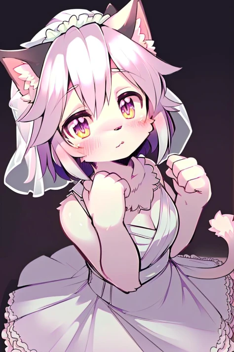 (masterpiece, best quality, hires), style-bridal, <lora:workyoufucknugget:1>, elh, cat ears, cat girl, short hair, furry female, white hair, blush, aged up, <lora:parororostyle:0.8> parororostyle