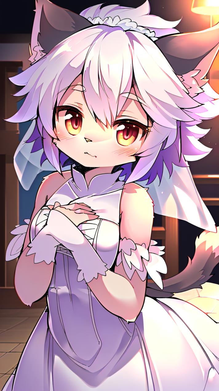 Anime girl in a white dress with a cat ears and a tail - SeaArt AI
