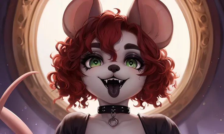 solo, (high resolution, masterpiece, detailed), furry, female, (ite), light fur, light ears, red hair, black eyebrows, green eyes, mouse girl, small breasts, mouse tail, curly hair, 
black eyeshadow, black lipstick, goth, choker necklace, [dress],
open mouth, tongue out, smile, 
closeup, looking below viewer,