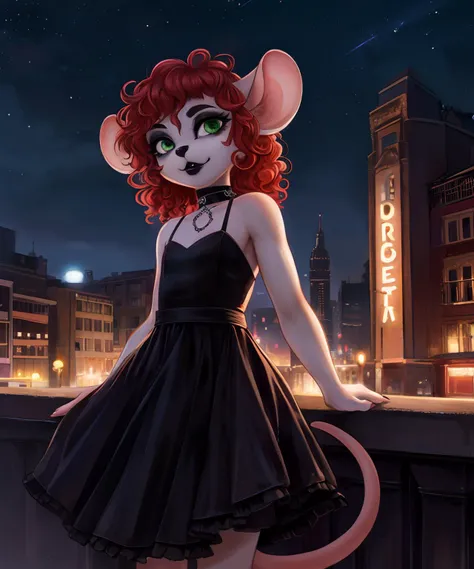 solo, (high resolution, masterpiece, detailed), furry, female, (ite), light fur, light ears, red hair, black eyebrows, green eyes, mouse girl, small breasts, mouse tail, curly hair,
black eyeshadow, black lipstick, goth, choker necklace,
elegant traditional-style formal dress, nighttime,