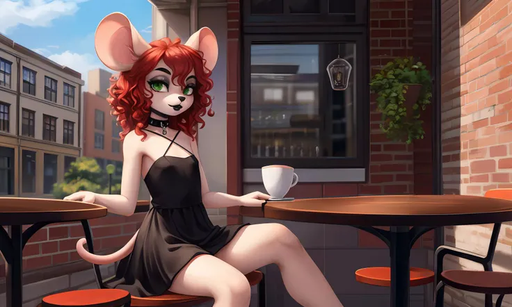 solo, (high resolution, masterpiece, detailed), furry, female, (ite), light fur, light ears, red hair, black eyebrows, green eyes, mouse girl, small breasts, mouse tail, curly hair,
black eyeshadow, black lipstick, goth, choker necklace, dress,
sitting at cafe table in front of a building,
distant shot,
