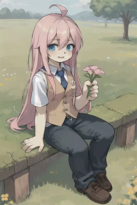 pink long hair, blue eyes, human girl, wearing a shirt with vest and pants, sitting on grass, happy, holding flower