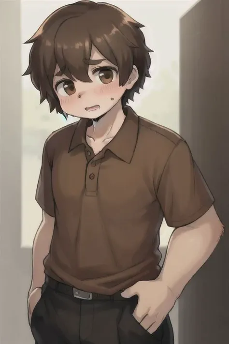 brown hair,brown eyes, human boy, wearing a polo shirt and trousers drooling, confused consciousnesssupporting the head