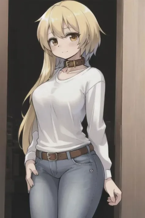 gold hair, brown eyes, a human girl,  wearing a shirt and jeans, holding a Collar