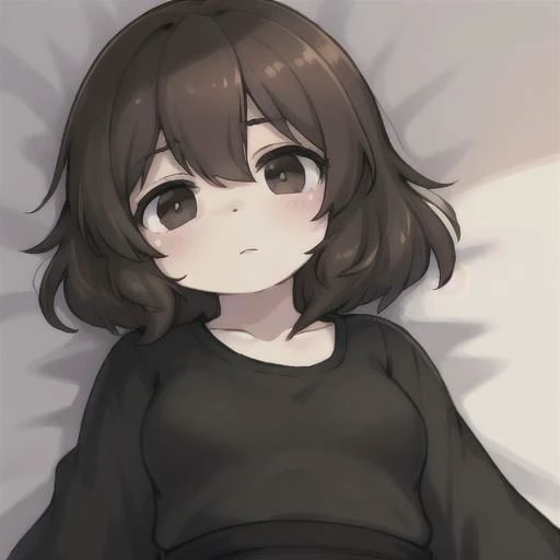 brown hair, black eyes, human girl, wearing a shirt and dress, lying on bed