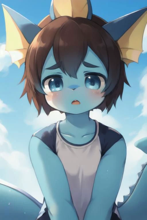 brown hair, blue eyes, human girl, skin become furry and like vaporeon, blue skin, shocking face