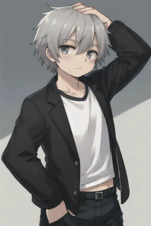 grey hair, grey eyes, human boy, wearing a shirt with jacket and pants,
