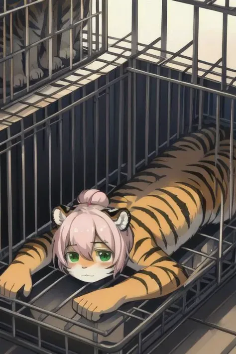pink bun hairstyle, green eyes, tiger, lifeless eyes, lying, in a closed cage