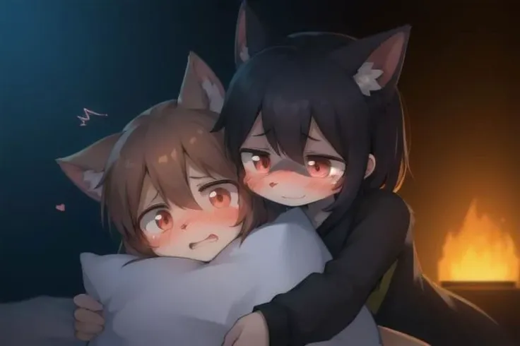 Furry, (girl:1.5), boy, boy behind girl, pillow hug, lying, on stomach, (from behind:1.6), (spoken blush:1.4), (embarassed girl, girl's scared face, scared girl:1.2), smiling boy