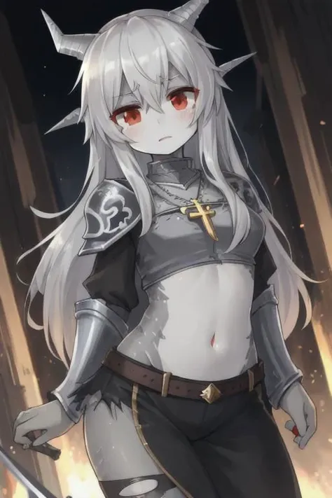 grey long hair, red eyes, paladin girl, wear torn paladin clothes and cross necklace only, shocking face ,skin cover by grey dragon skin, dragon horns, grey skin