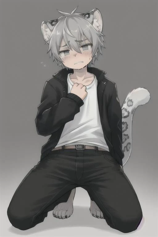grey hair, grey eyes, human boy, wearing a shirt with jacket and pants, kneeling, painful face, crying, skin become like grey snow leopard, grey snow leopard ears and tail