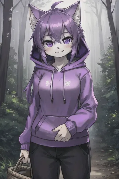 purple hair, purple eyes, purple wolf girl, wearing a hoodie and pants, holding a basket, in a forest, smile, brainwashed