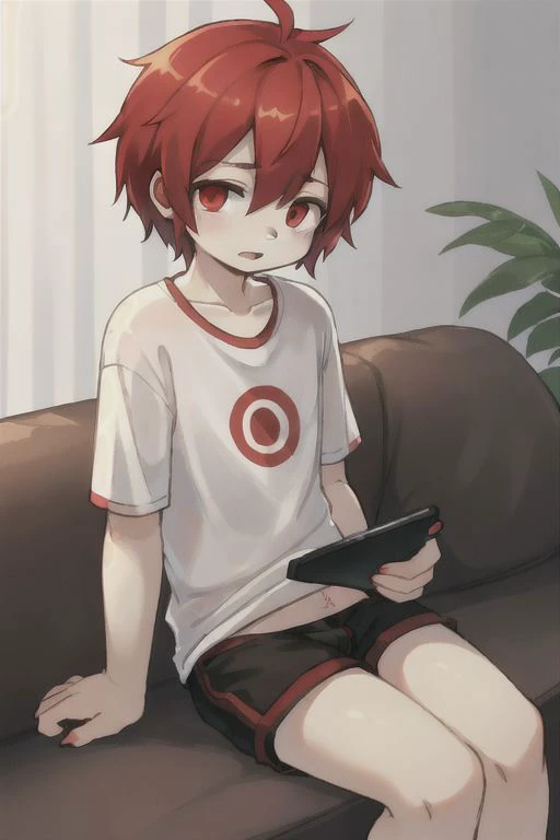 red hair, red eyes, human boy, wearing a shirt and shorts,sitting on couch,holding phonebeing hypnotizedempty gazemouth open