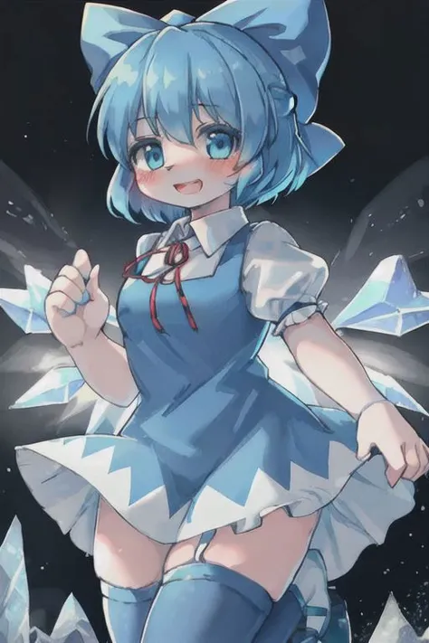 cirno_touhou, blue hair, bow, hair_bow, short_hair, wings, ice, blue_bow, ice_wings, blue_eyes, bangs, blush, smile, open_mouth, hair_between_eyes, ribbon, neck_ribbon