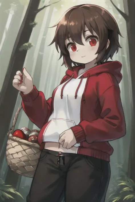 brown hair, red eyes, human girl, wearing a red hoddie and pants, holding a basket, in a forest