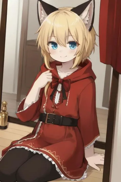 gold hair, blue eyes, human boy, wear little Red Riding Hood costume and fake black wolf ears, siting in front of mirror, smile