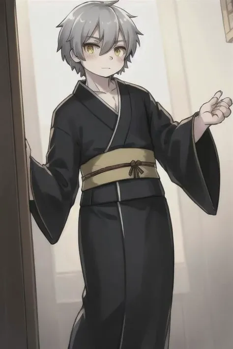 grey hair, yellow eyes, human boy, wearing a men's kimono