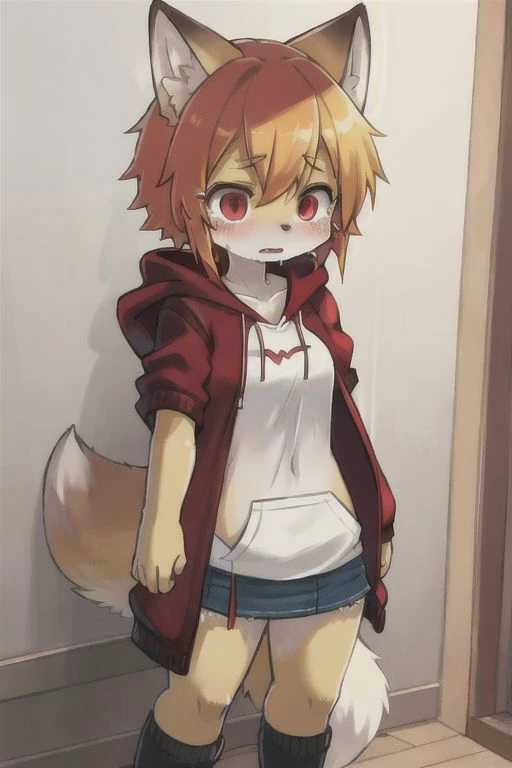 red eyes,yellow-red hair,yellow-red fox girl,wear broken shirt with open hoddie and broken dress and broken stocking,standing,shocking face, crying