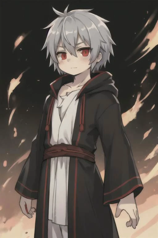 grey hair, red eyes, human boy, wearing a wizard robe
