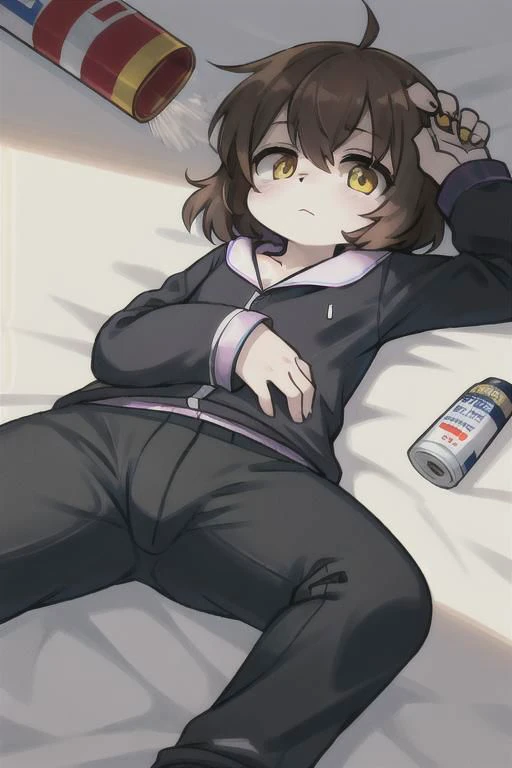 brown hair, yellow eyes, a human girl, wearing a pajamas, holding a spray can, lying on the bad